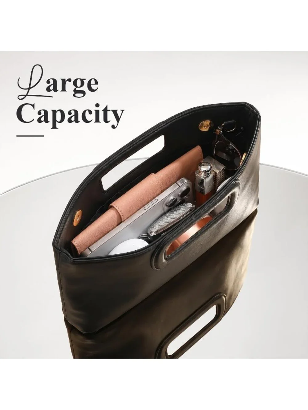 Women's Black Clutch Handbag Modern Faux Leather with Metal Handle Evening Bag